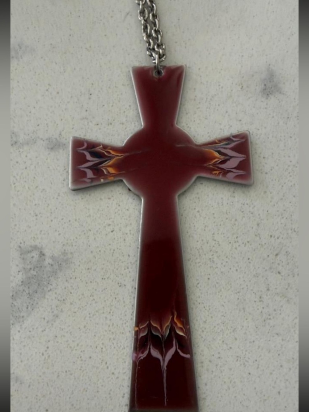 VTG Sheffield England Red Enamel Cross Pendant Necklace — 3¼" x 1¾" — 26" Chain - Picture 2 of 4